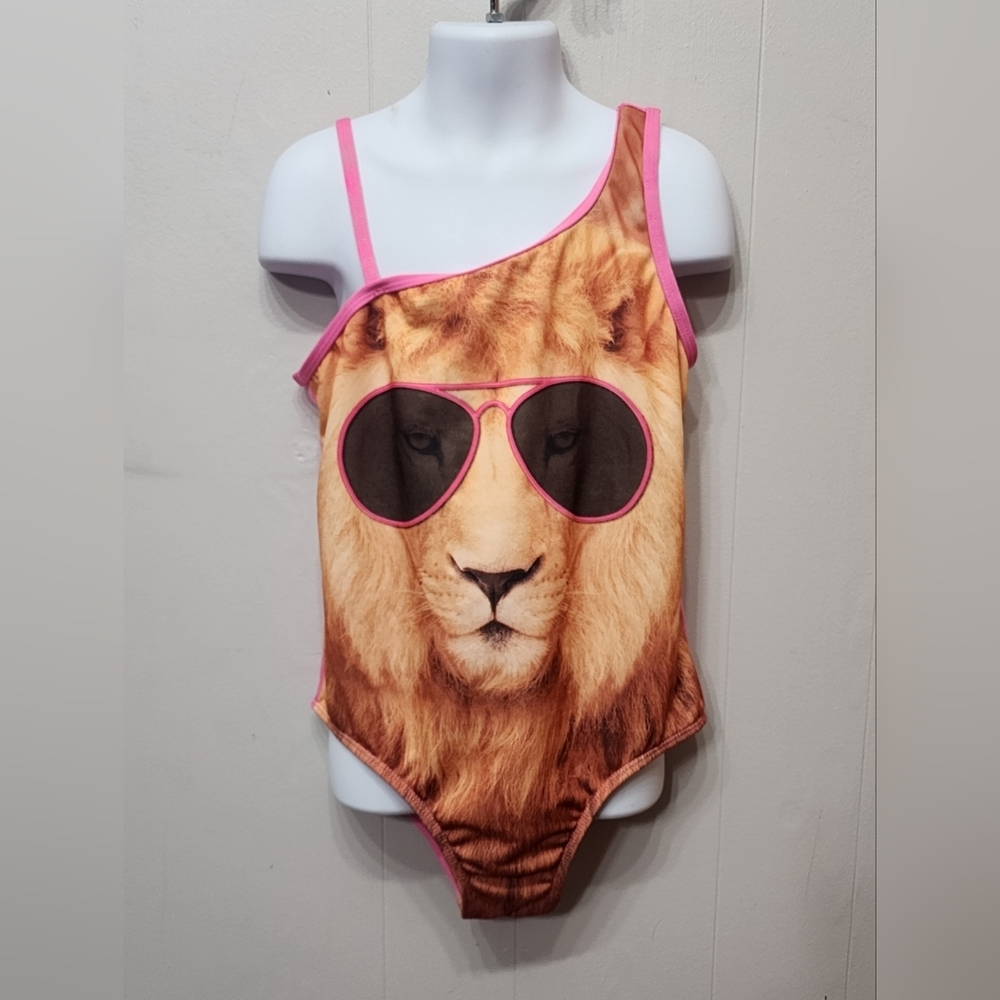 Candy Girl Swimsuit Large 10 - 12 Pink Lion Print One-Shoulder Beach Swim C439‎